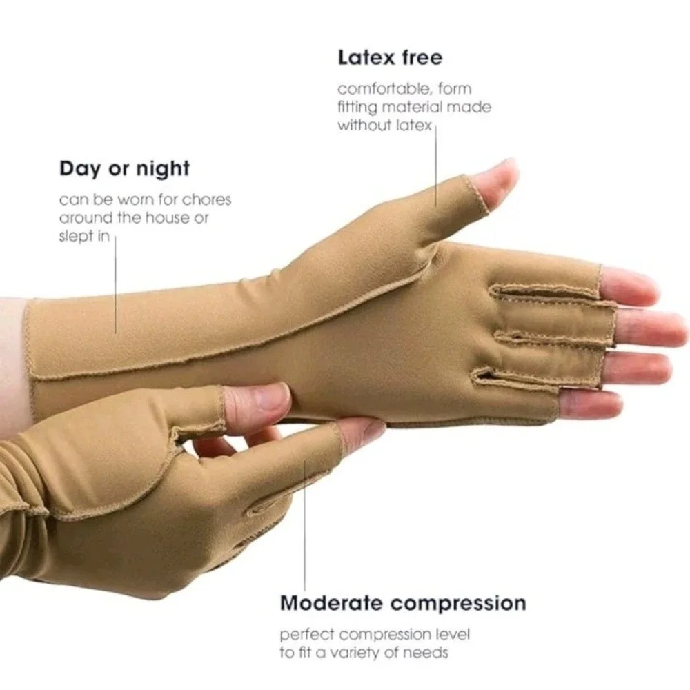 Isotoner Open Finger Compression Gloves Large Arthritis Carpal Tunnel Beige
